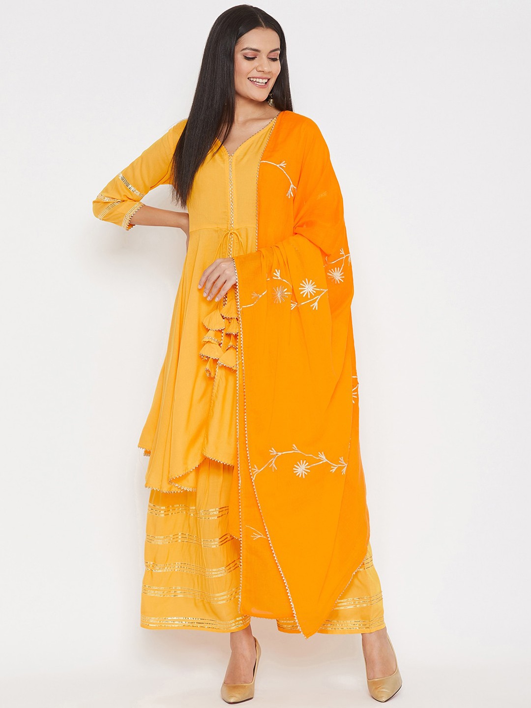 

Prakhya Women Yellow Floral Embroidered Pleated Kurti with Palazzos & With Dupatta