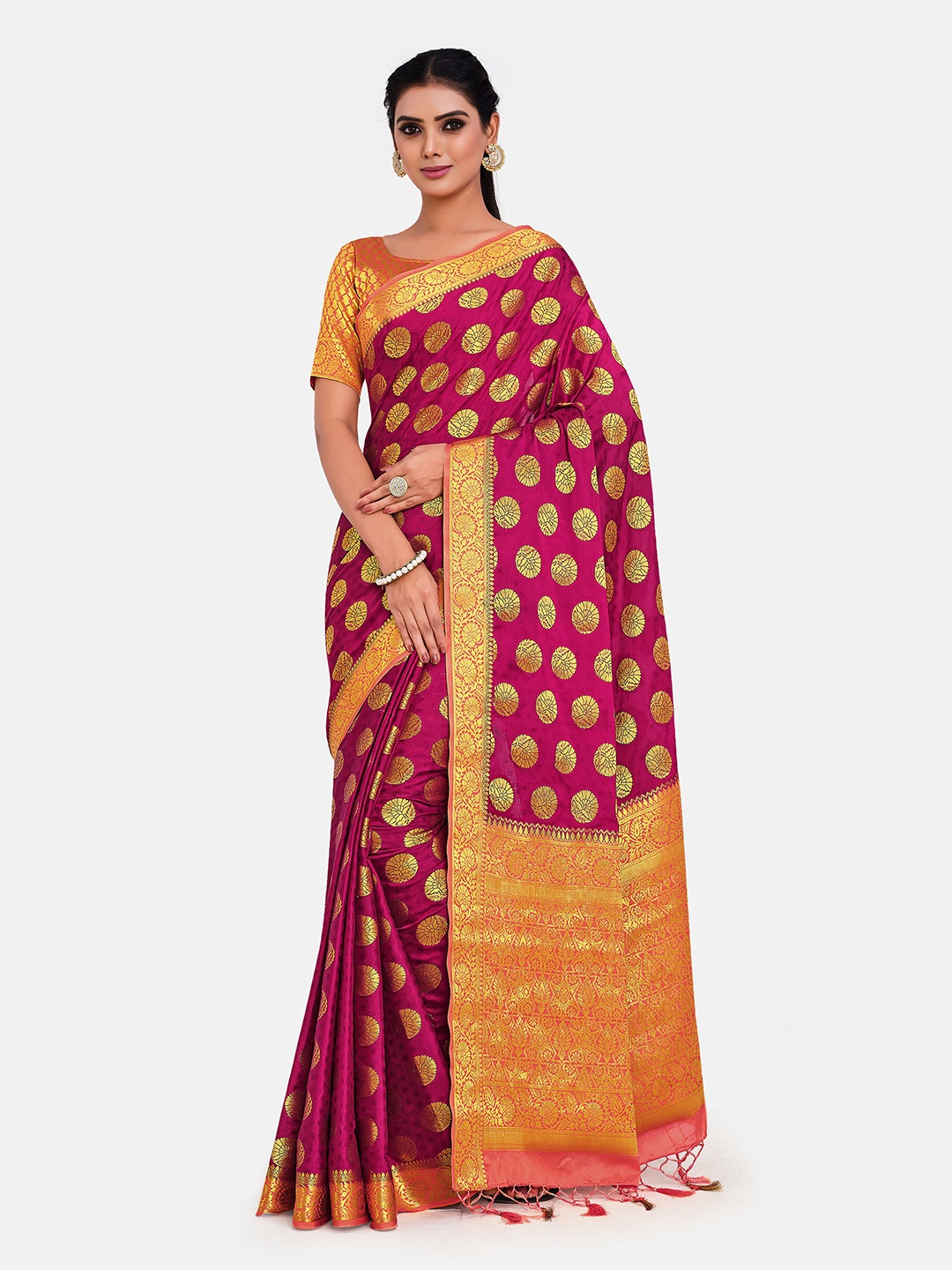 

MIMOSA Pink & Gold-Toned Woven Design Zari Mysore Silk Saree
