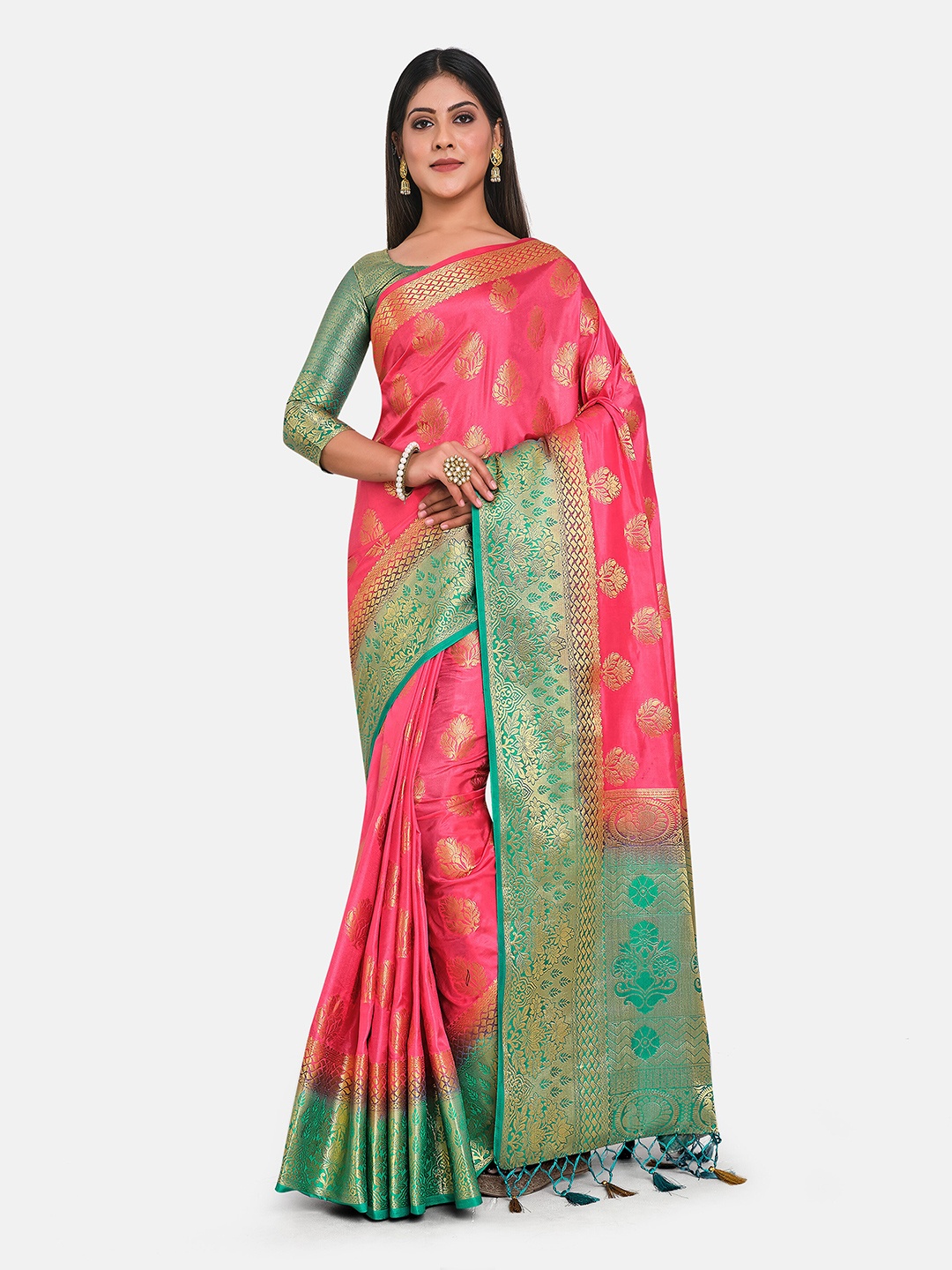 

MIMOSA Pink & Green Woven Design Zari Art Silk Kanjeevaram Saree