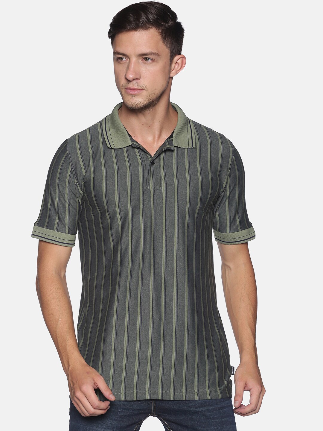 

Campus Sutra Men Olive Striped V-Neck T-shirt