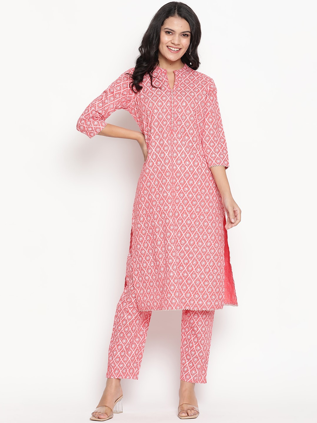 

Be Indi Women Geometric Printed Straight Kurta Set with Trouser, Pink