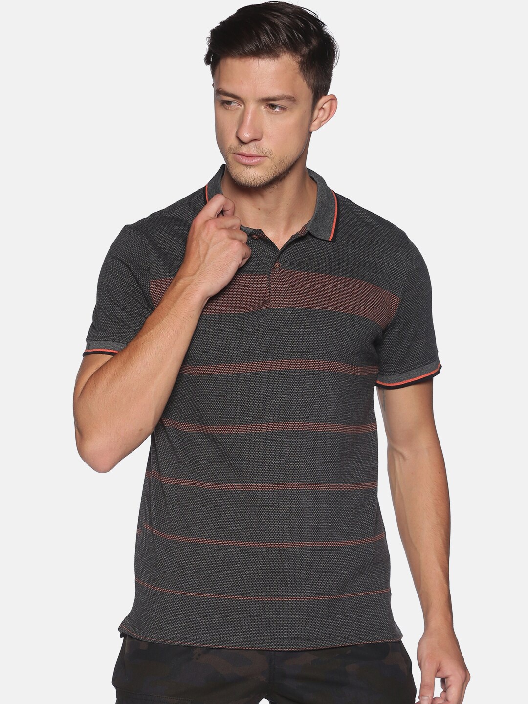 

Campus Sutra Men Charcoal & Brown Striped Polo Collar T-shirt