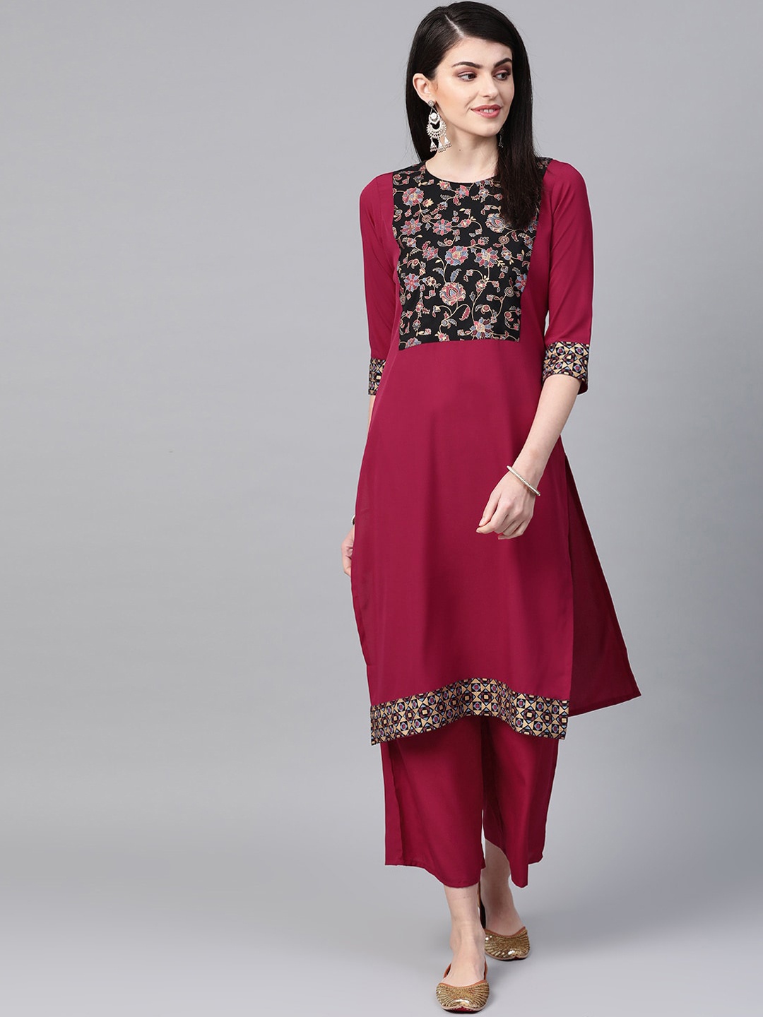 

ZIYAA Women Pink Ethnic Motifs Yoke Design Tiered Kurta with Palazzos