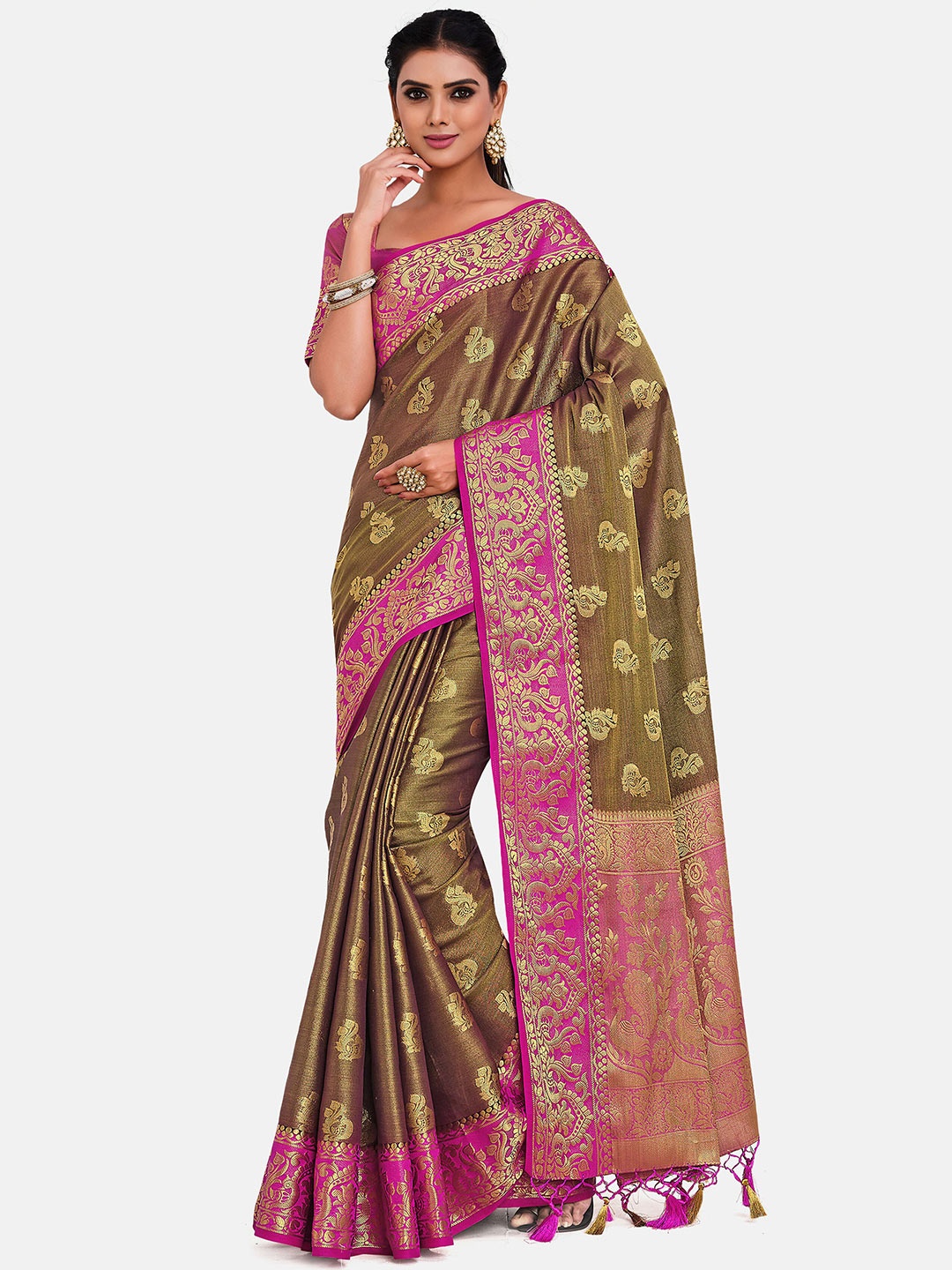 

MIMOSA Brown & Pink Woven Design Zari Art Silk Kanjeevaram Saree