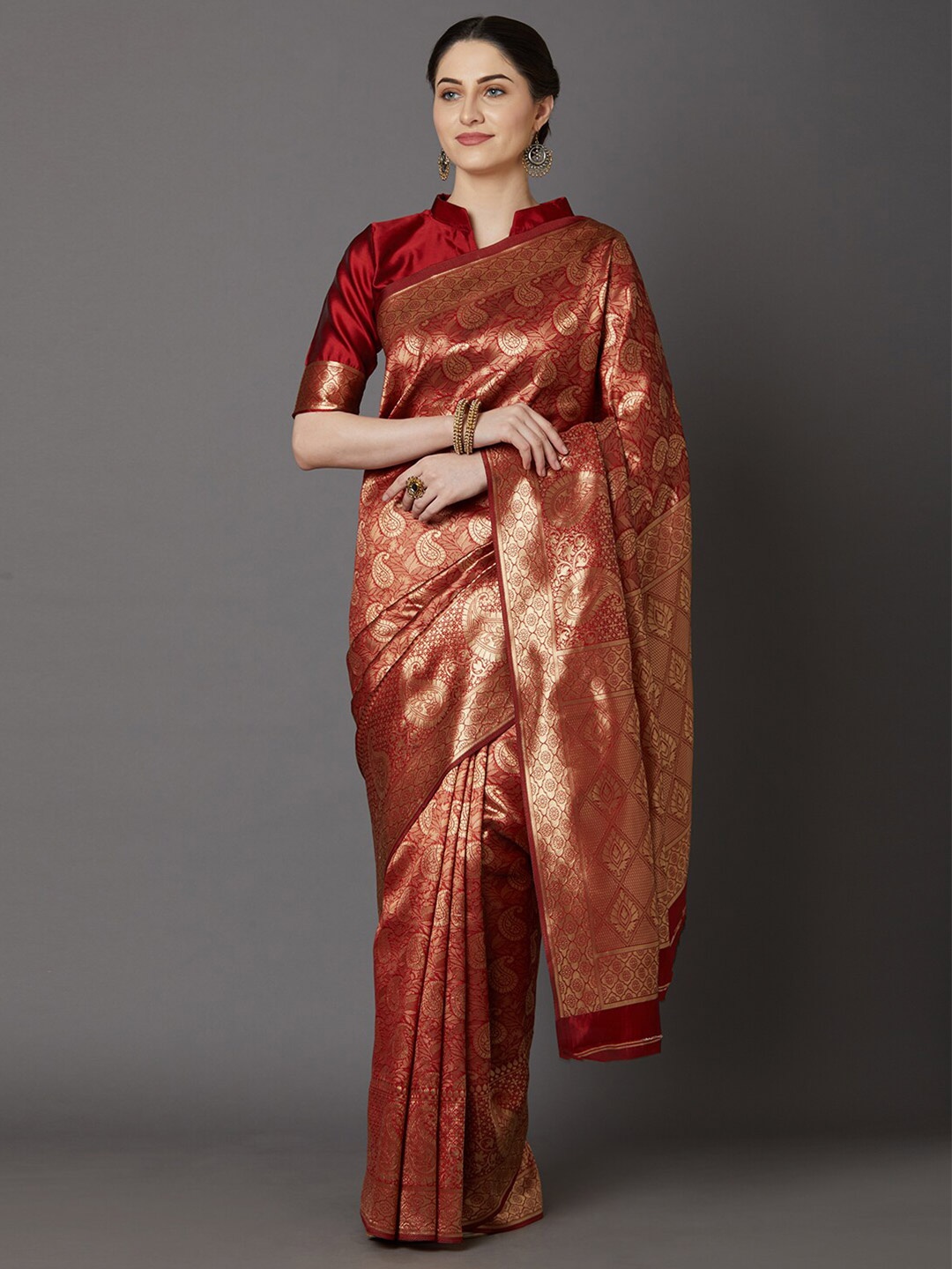 

Saree mall Maroon & Gold-Toned Woven Design Zari Silk Blend Banarasi Sarees