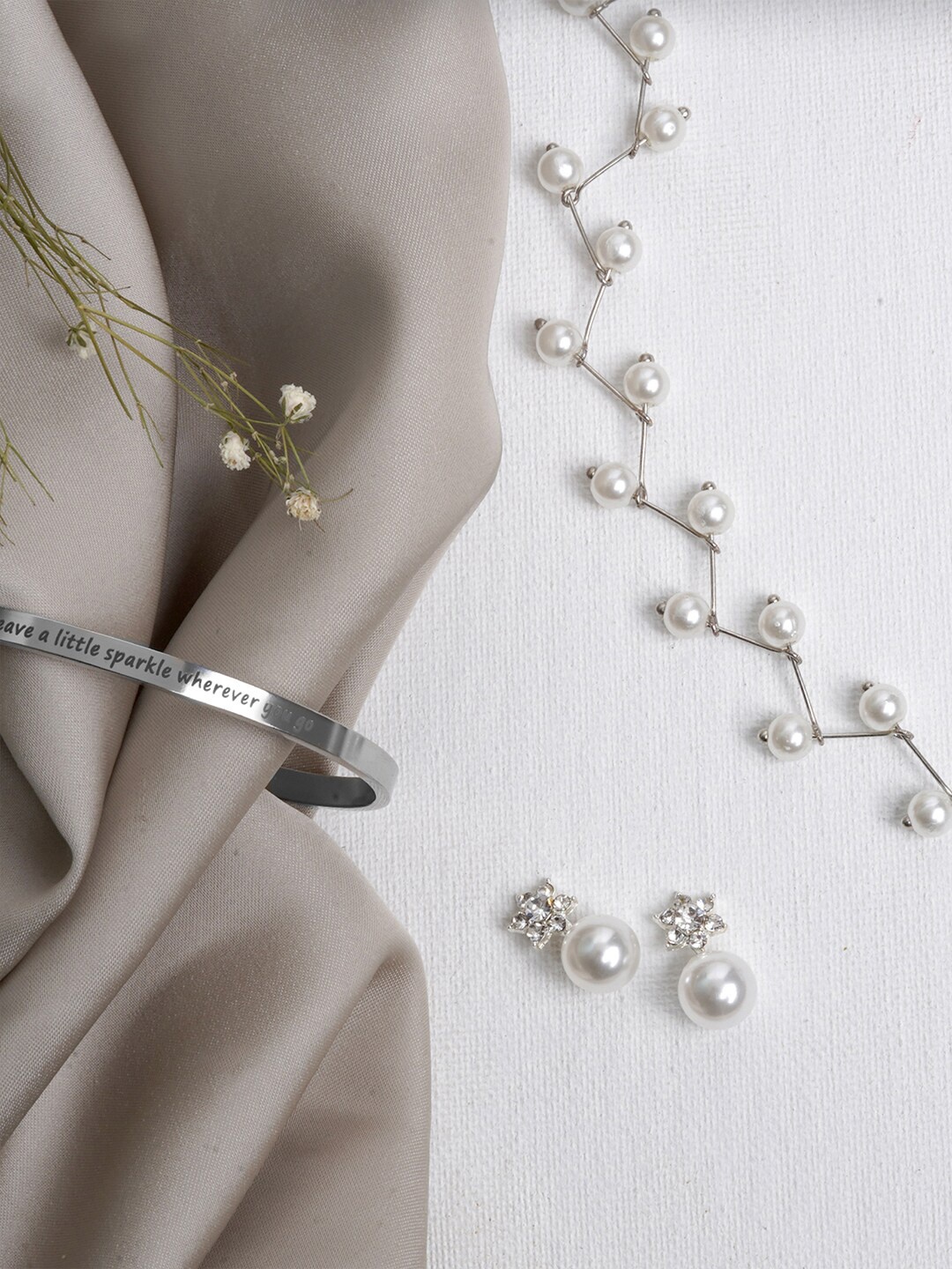 

JOKER & WITCH Silver-Toned White Stone-Studded & Beaded Jewellery Set