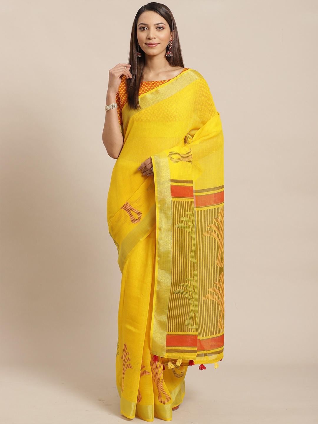 Saree mall Yellow & Orange Woven Design Linen Blend Sarees