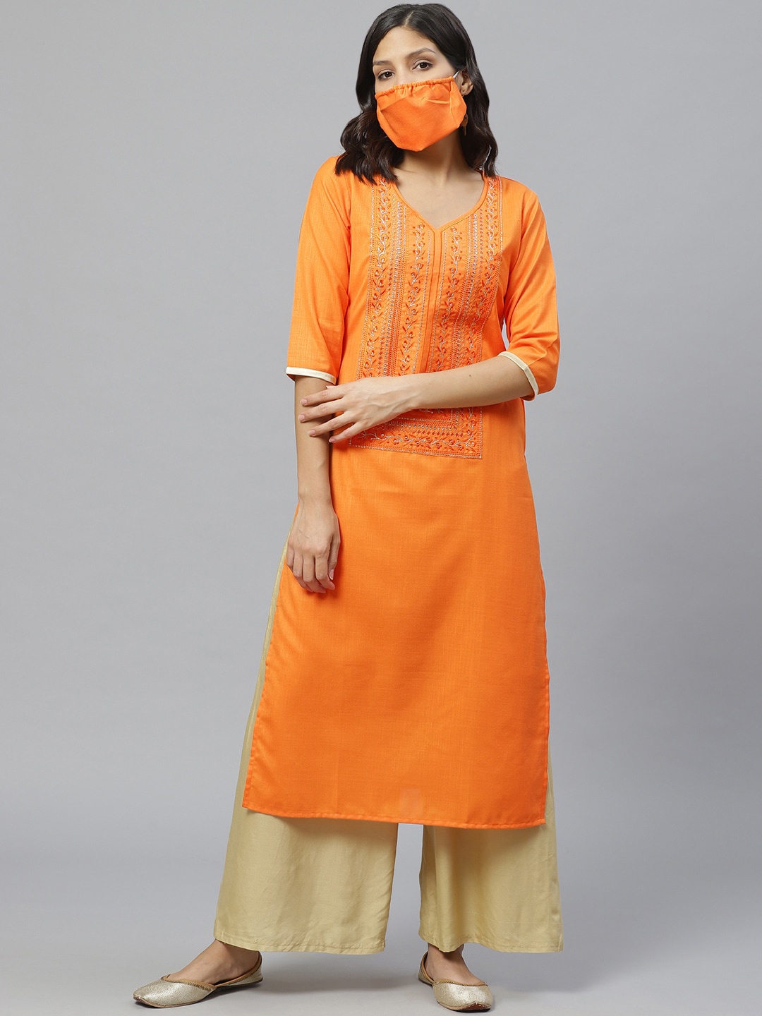 

Libas Women Orange Yoke Design Thread Work Cotton Kurta With Mask