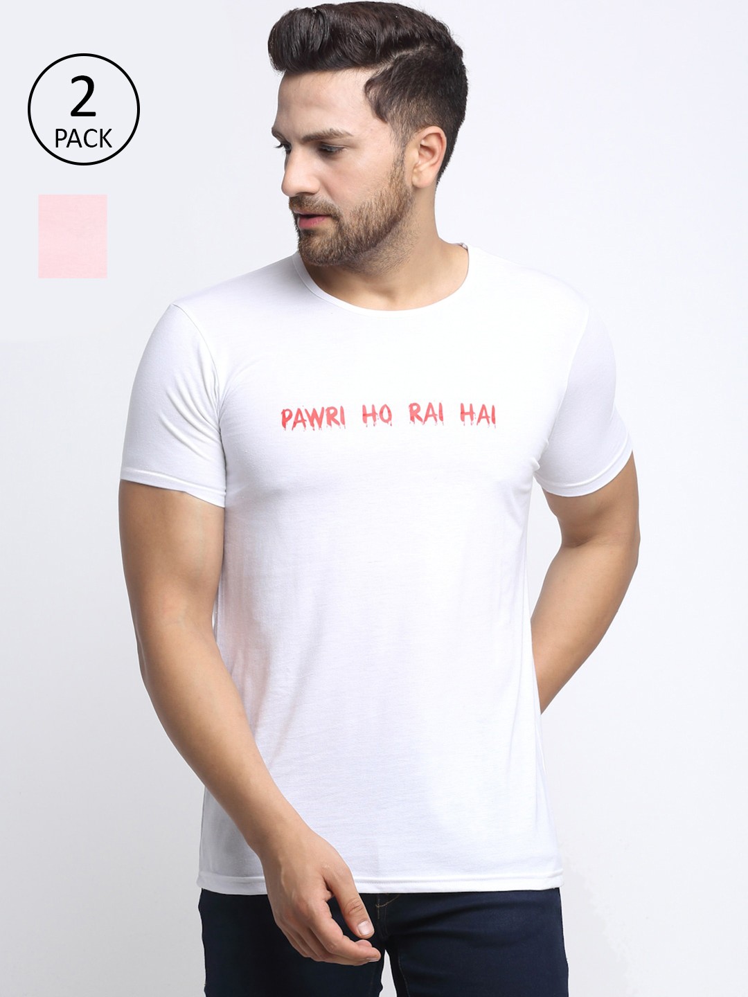 

VIMAL JONNEY Men Pack of 2 White & Pink Typography T-shirt