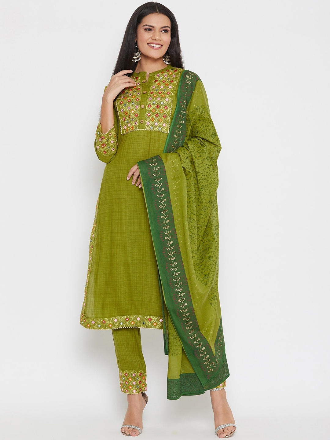 

Prakhya Women Green Ethnic Motifs Embroidered Kurta with Trousers & Dupatta