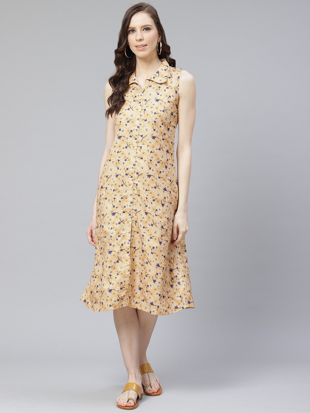 

ZIYAA Women Mustard Floral Printed Shirt Collar A-Line Midi Dress