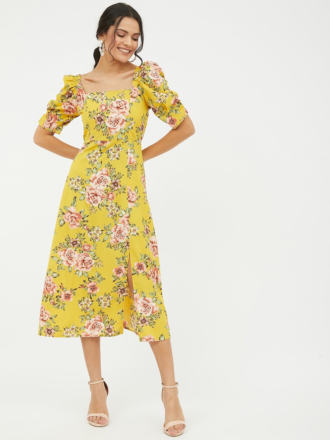 

Harpa Women Mustard Yellow & Beige Floral Printed A-Line Midi Dress