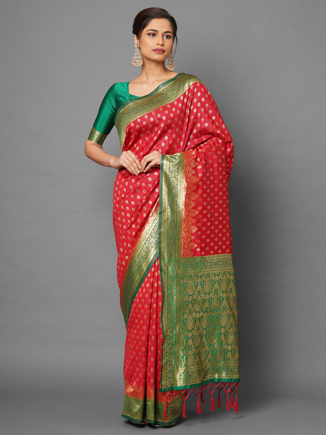 

Saree mall Red & Green Ethnic Motifs Zari Silk Blend Banarasi Sarees