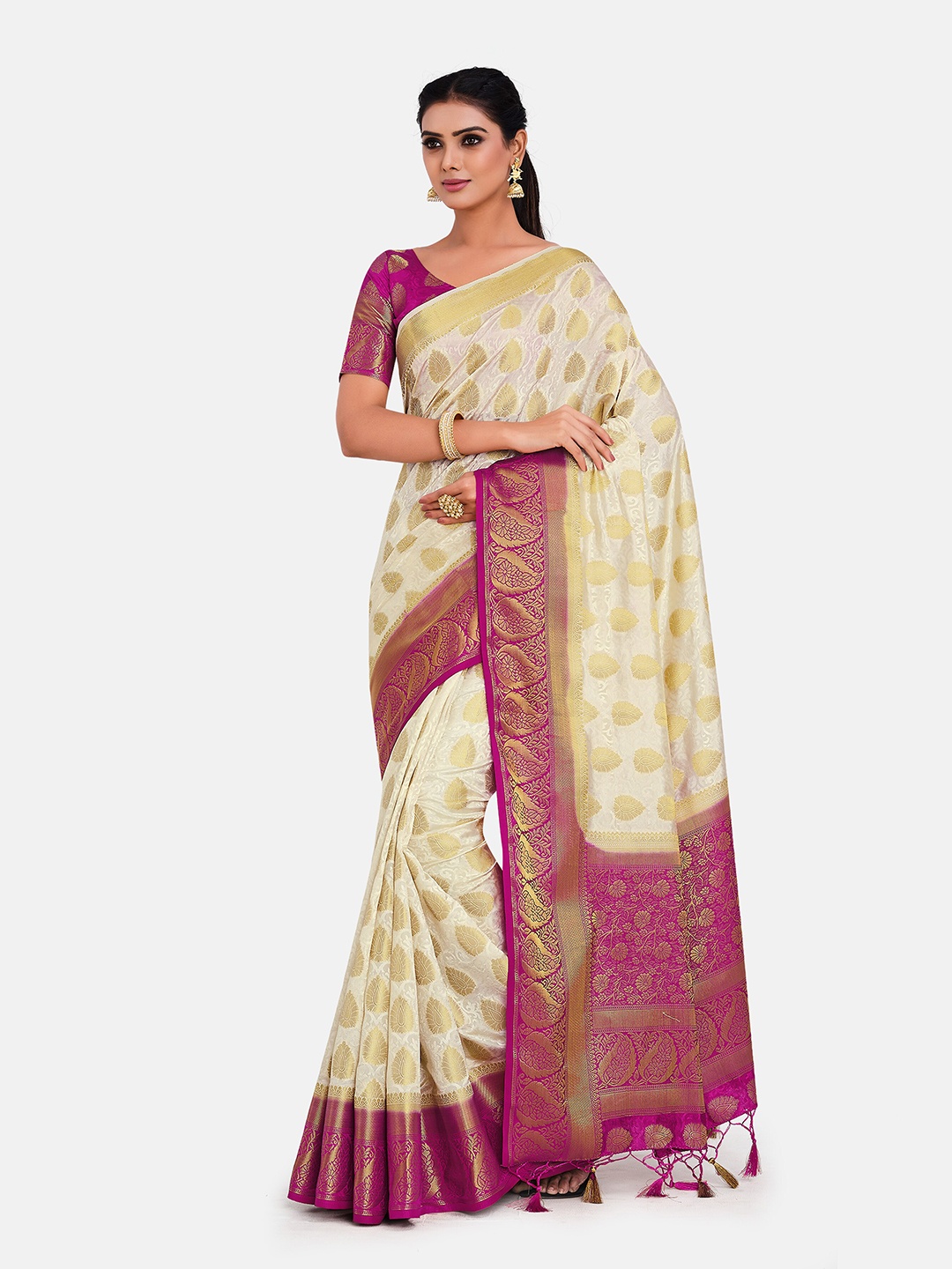 

MIMOSA Off White & Pink Woven Design Zari Art Silk Kanjeevaram Saree