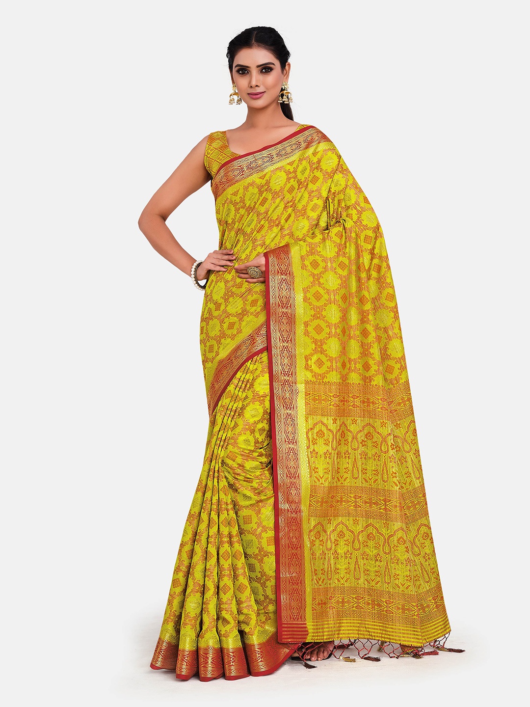 

MIMOSA Lime Green & Red Woven Design Zari Art Silk Kanjeevaram Saree