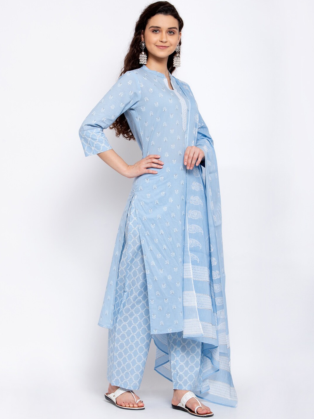 

Yuris Women Blue Printed Pure Cotton Kurta with Trousers & With Dupatta