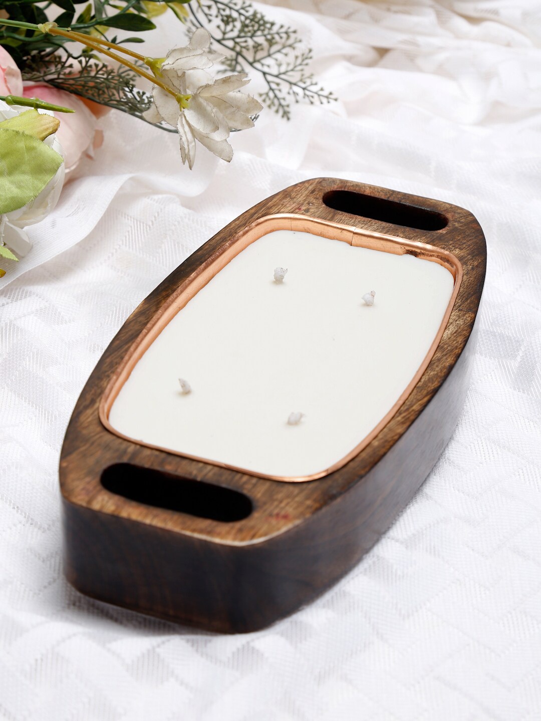 Fabindia Off-White & Brown Solid Candle With Wodden Tray