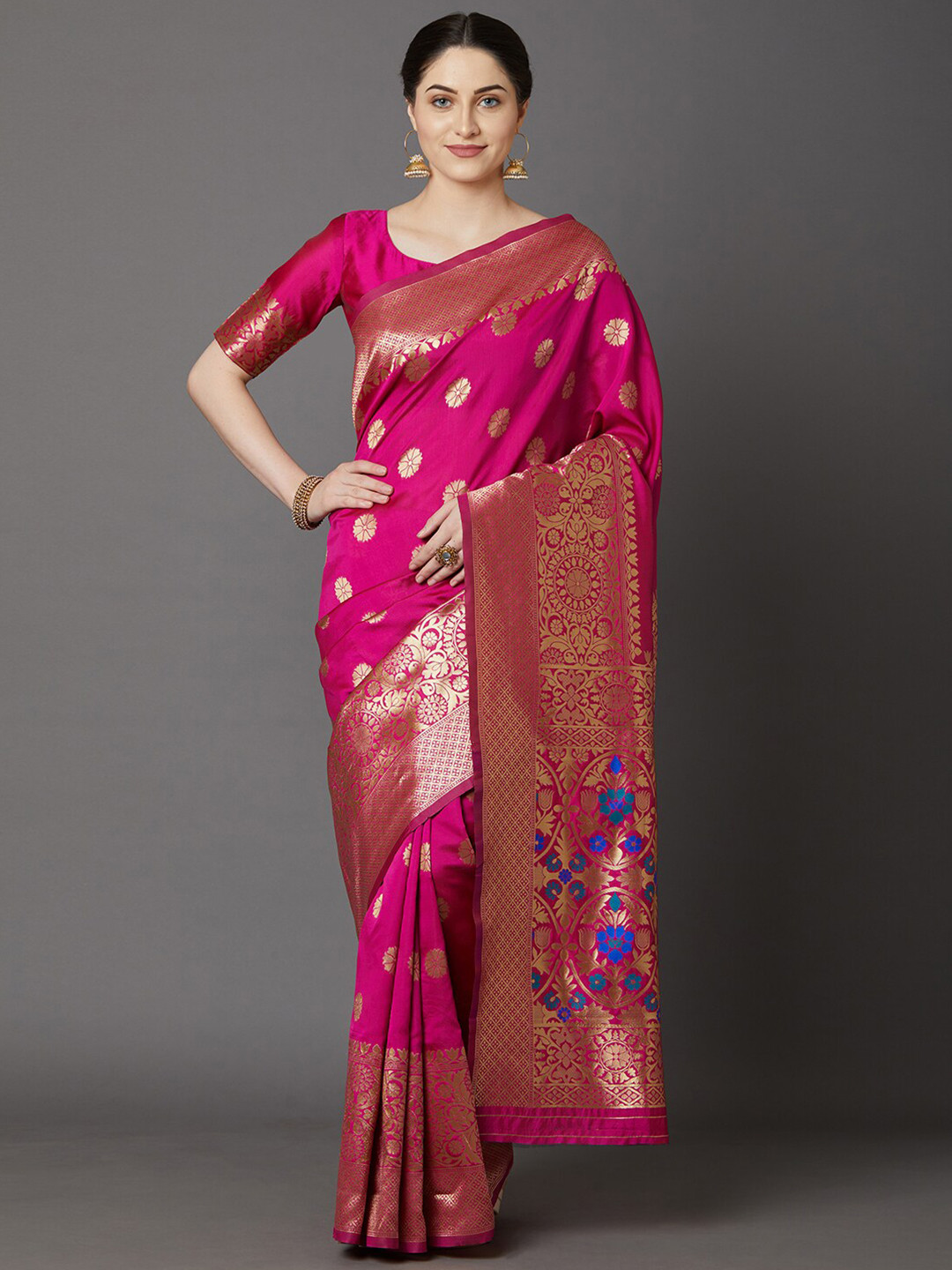 

Saree mall Pink & Gold-Toned Woven Design Zari Silk Blend Banarasi Sarees