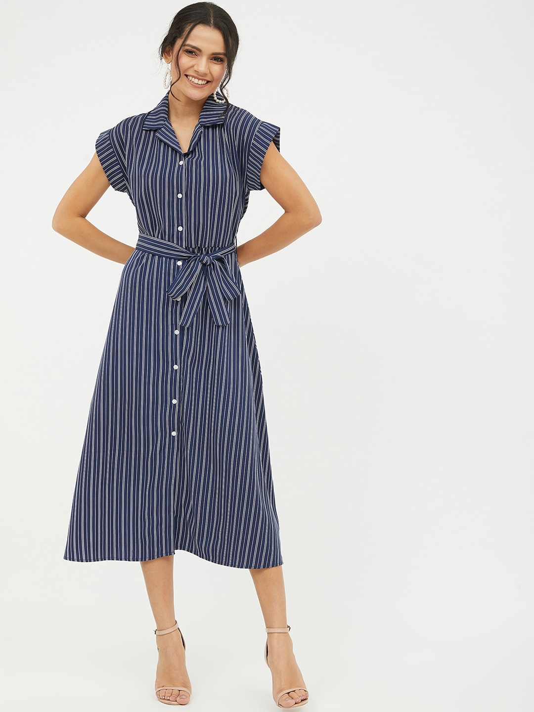 

Harpa Navy Blue Striped Crepe Shirt Midi Dress
