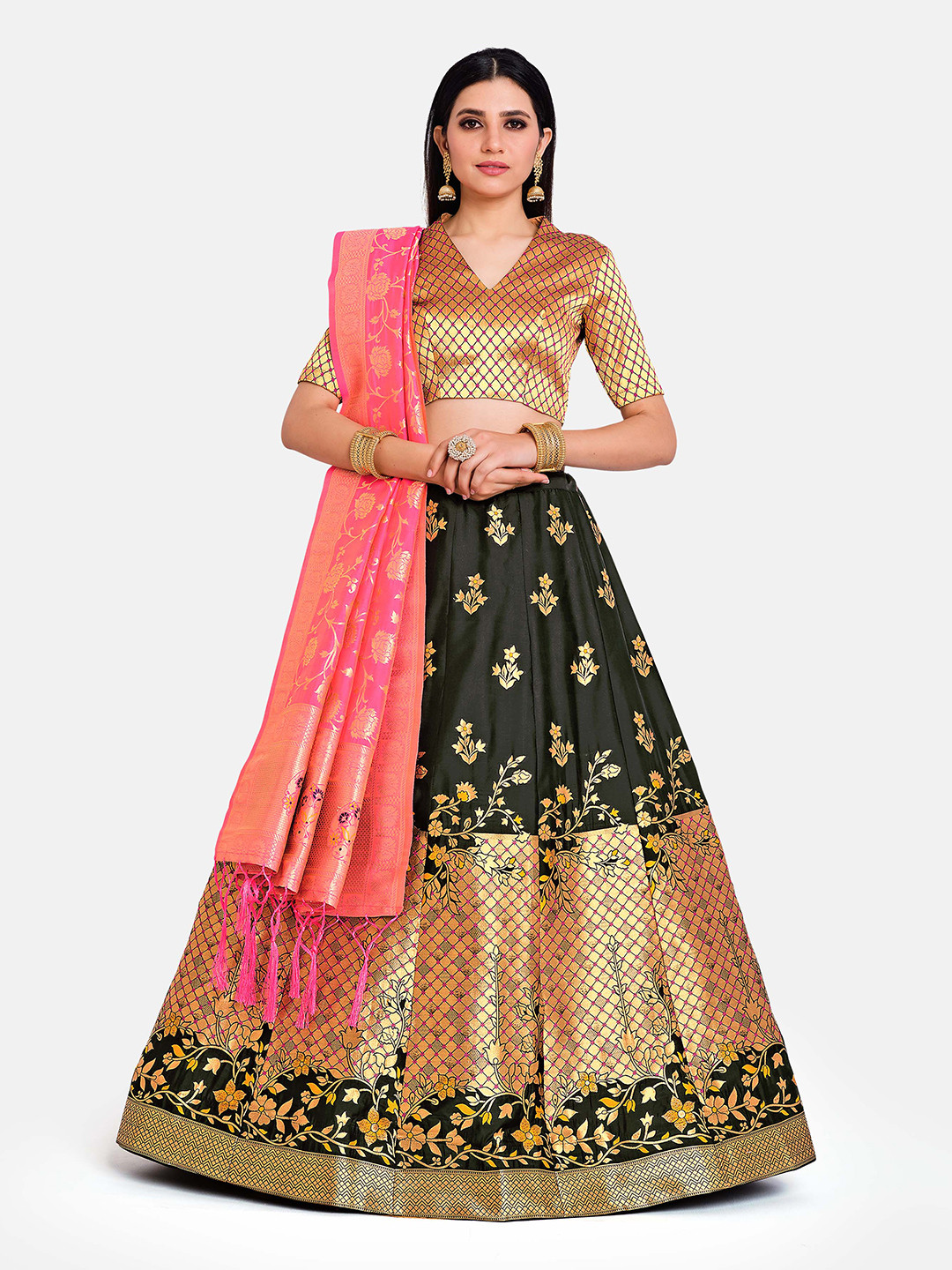 

MIMOSA Black & Pink Semi-Stitched Lehenga & Blouse with Dupatta