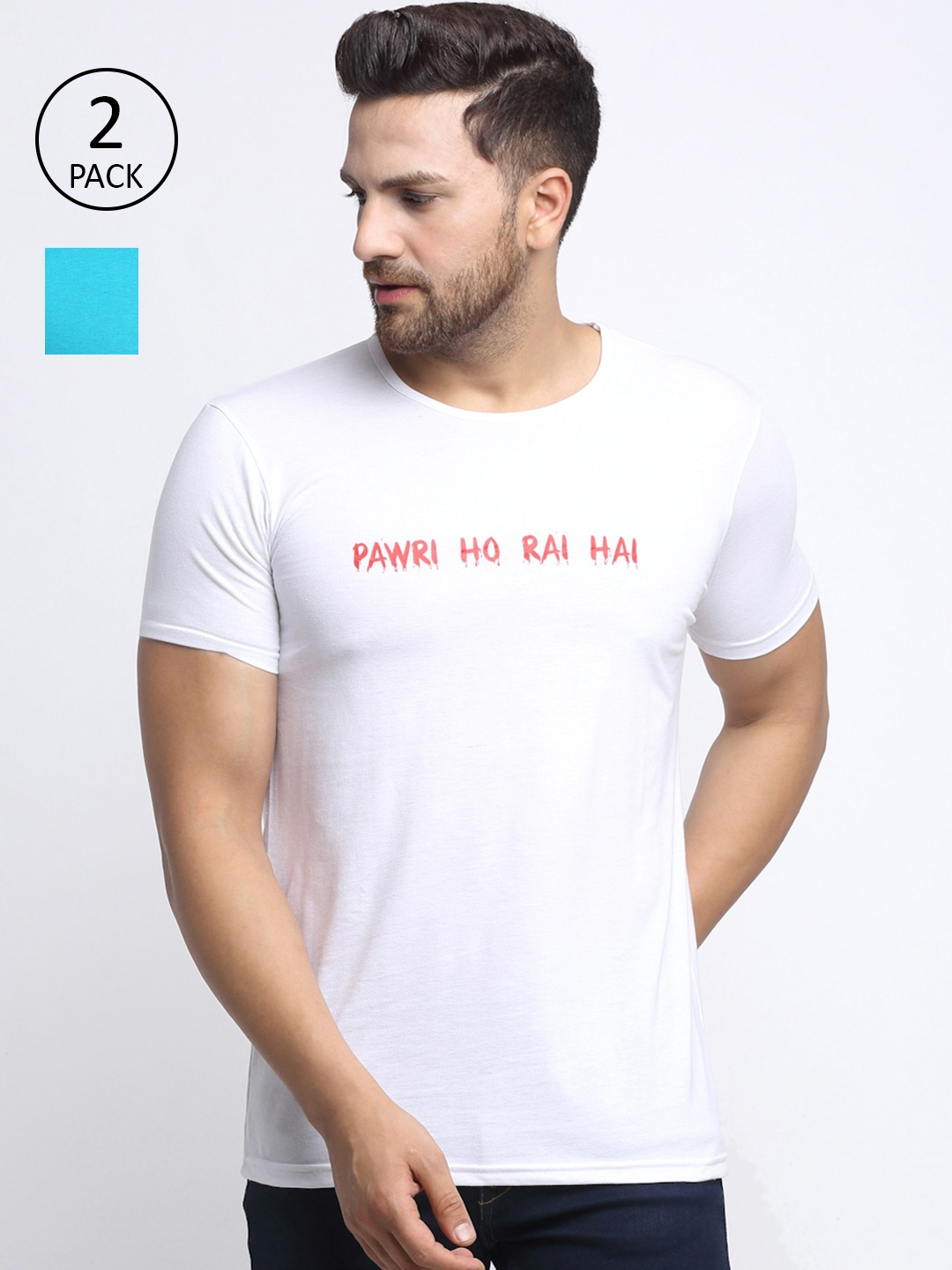 

MACK JONNEY Men Pack of 2 White & Blue Typography T-shirt