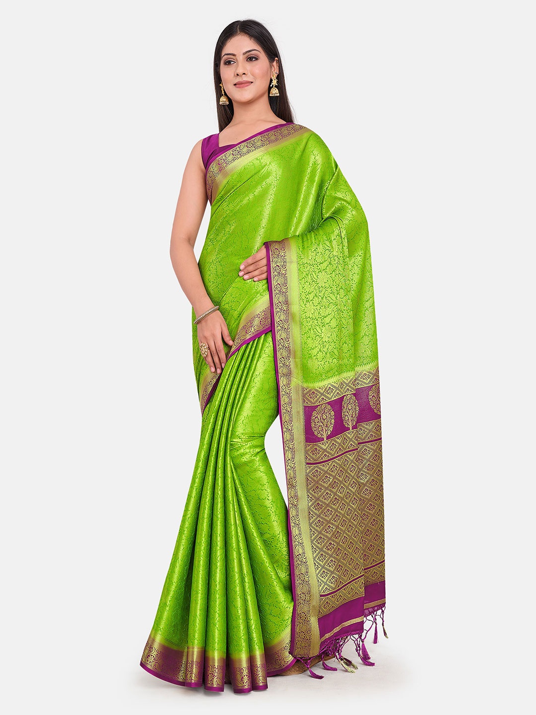 

MIMOSA Lime Green & Purple Woven Design Zari Art Silk Kanjeevaram Saree
