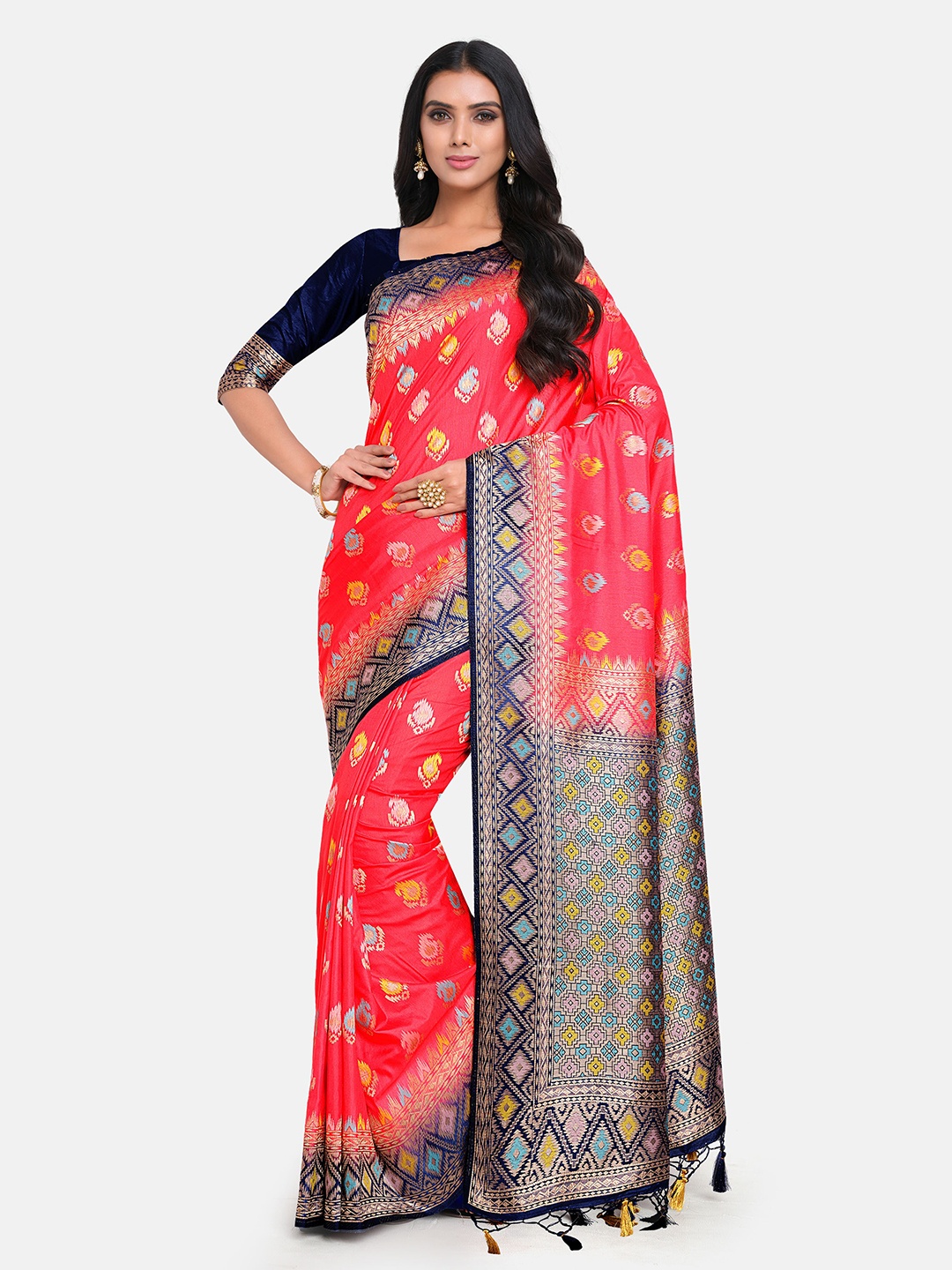 

MIMOSA Coral & Navy Blue Paisley Zari Art Silk Kanjeevaram Saree