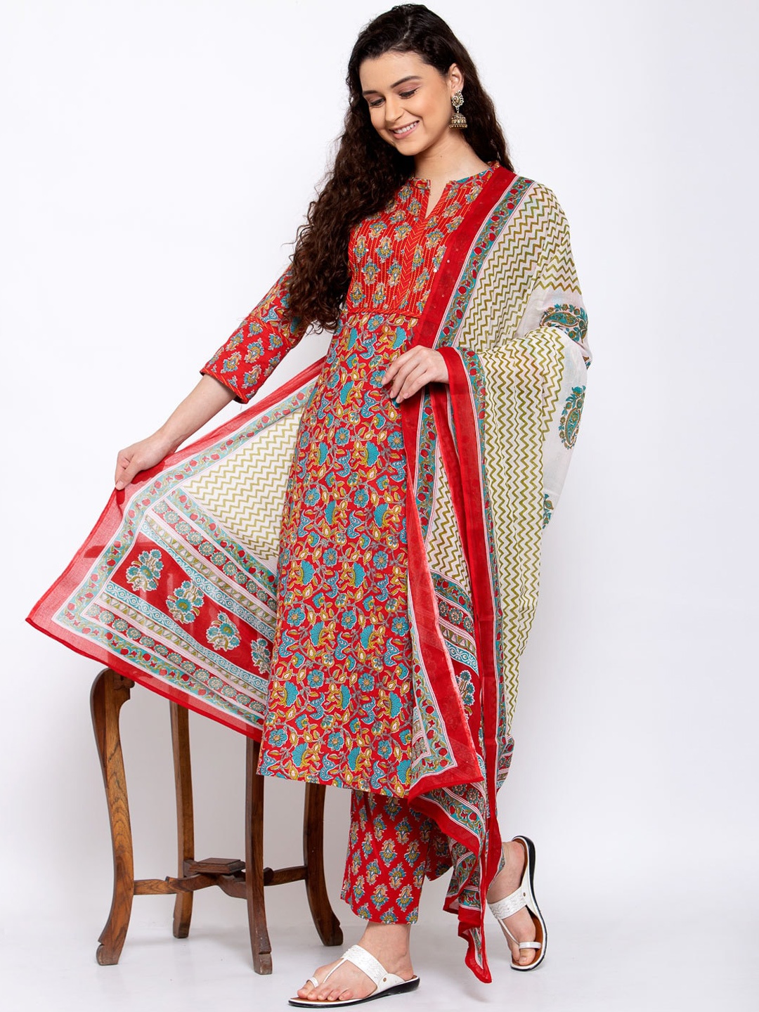 

Yuris Women Red Ethnic Motifs Printed Panelled Pure Cotton Kurta with Trousers & Dupatta