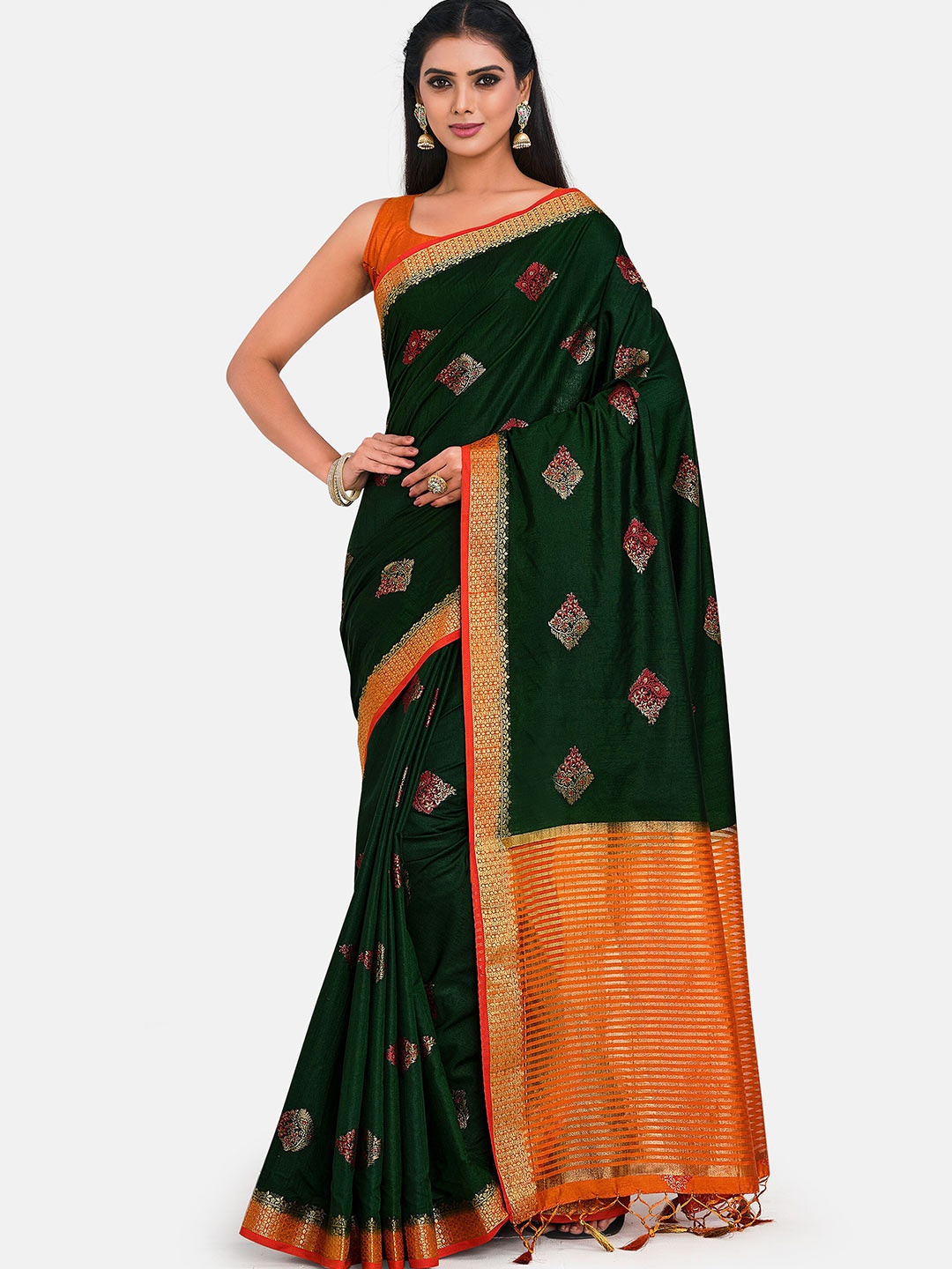 

MIMOSA Green & Orange Woven Design Art Silk Kanjeevaram Saree With Tasseled Pallu