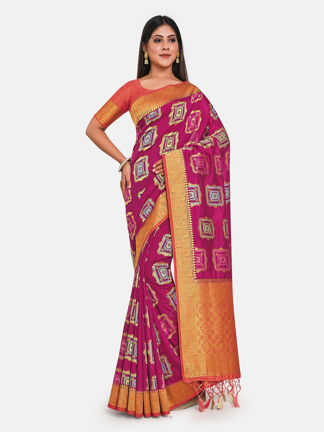 

MIMOSA Burgundy & Gold-Toned Woven Design Zari Art Silk Patola Saree