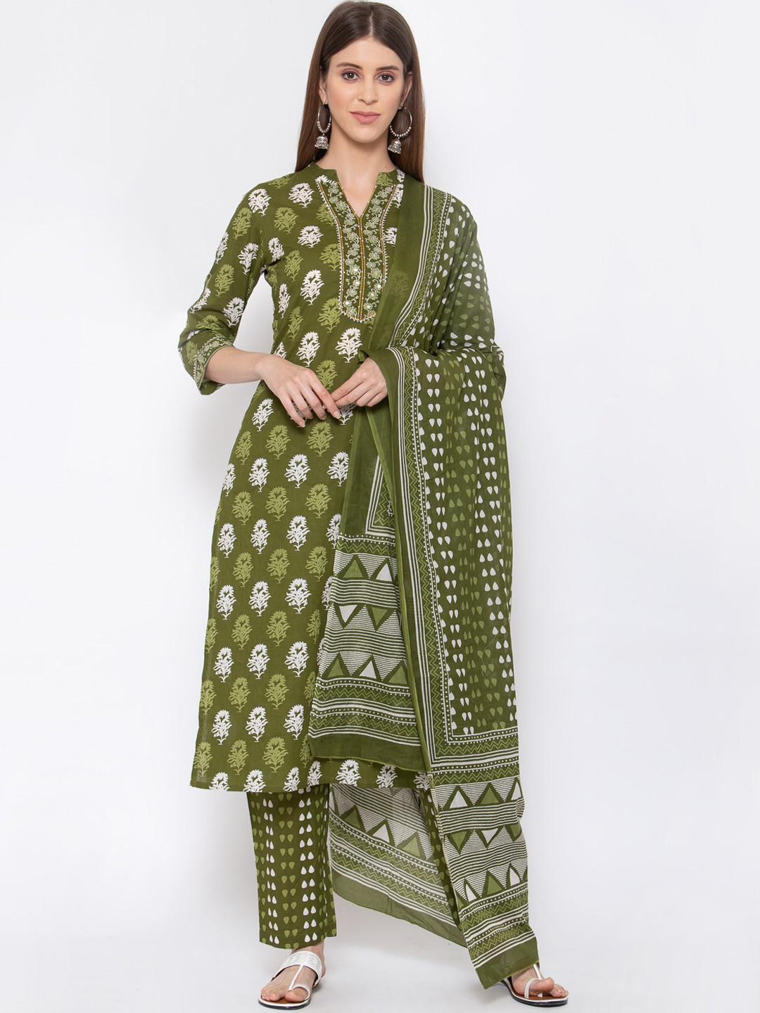 

Yuris Women Green Ethnic Motifs Printed Pure Cotton Kurta with Trousers & With Dupatta