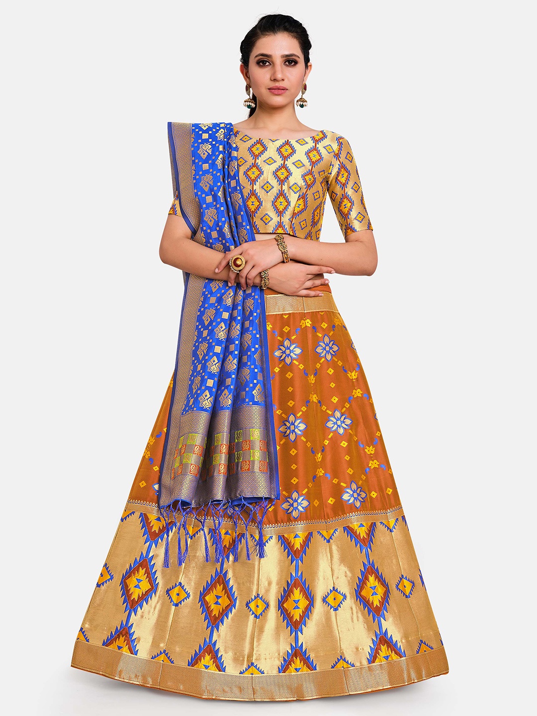 

MIMOSA Women Brown & Blue Semi-Stitched Lehenga & Unstitched Blouse With Dupatta