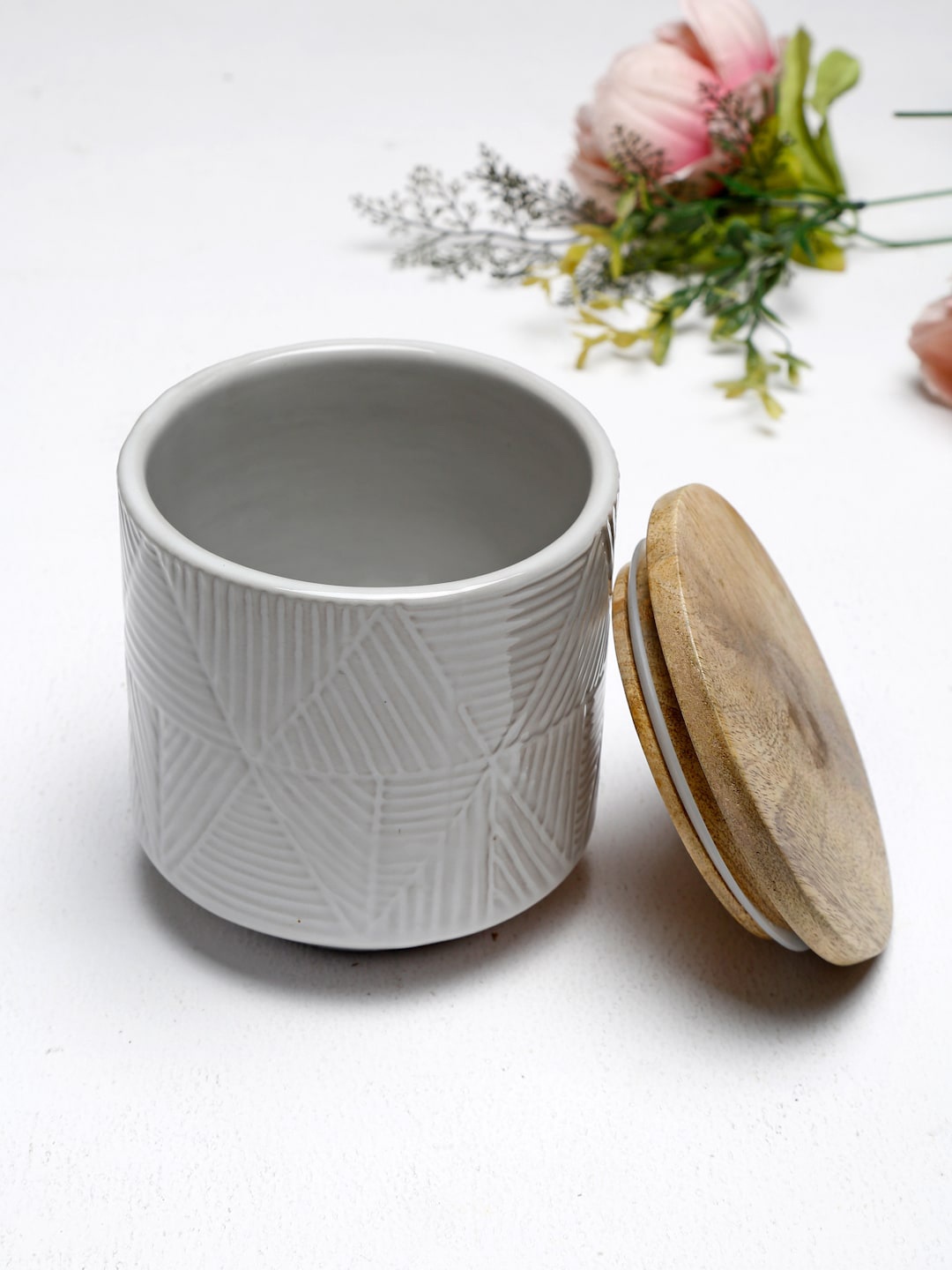

Fabindia Grey & Brown Textured Ceramic Jar With Lid