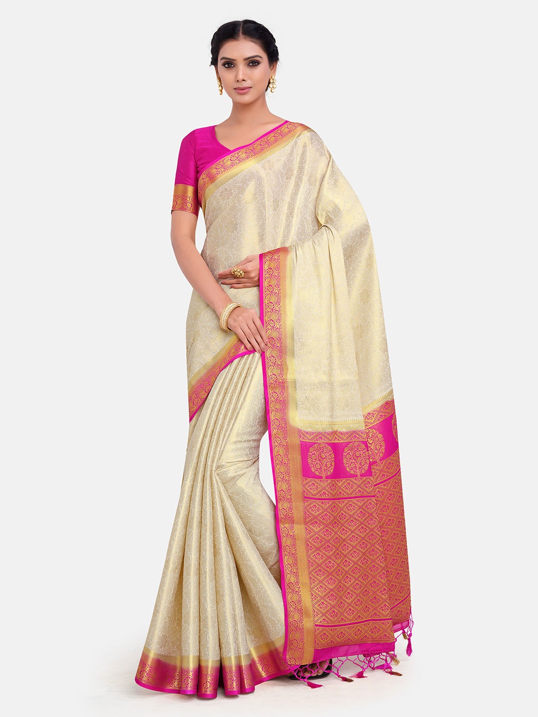 

MIMOSA Off White & Pink Woven Design Zari Art Silk Kanjeevaram Saree
