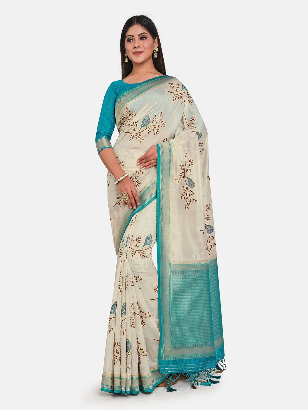 

MIMOSA Off White & Turquoise Blue Floral Zari Art Silk Kanjeevaram Saree