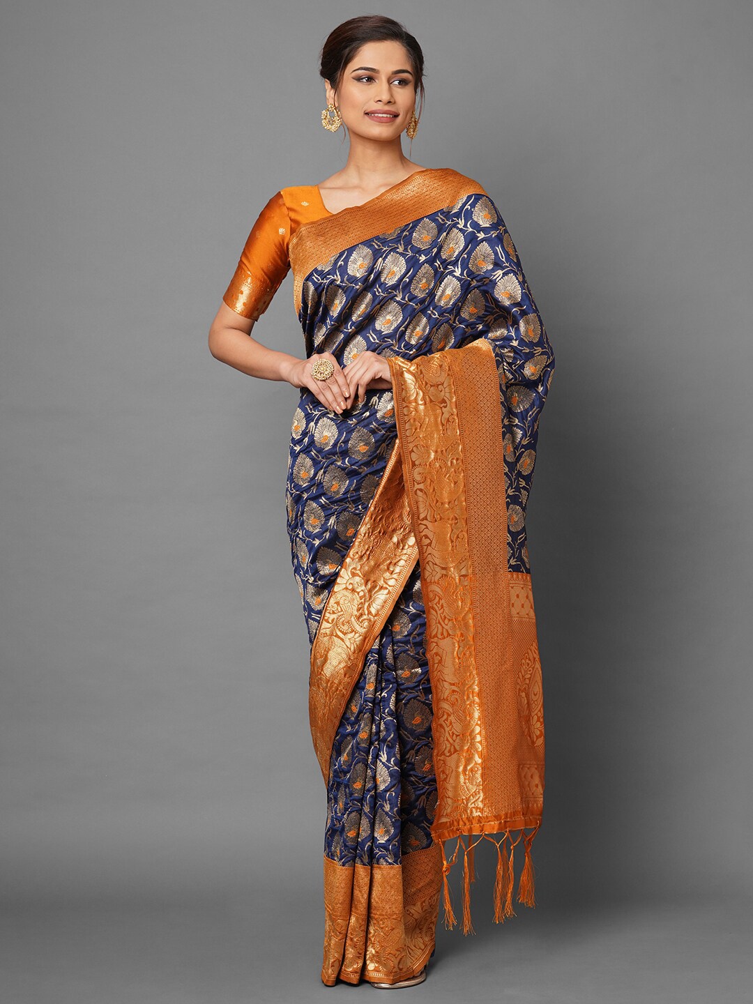 

Saree mall Navy Blue & Orange Woven Design Zari Silk Blend Banarasi Sarees