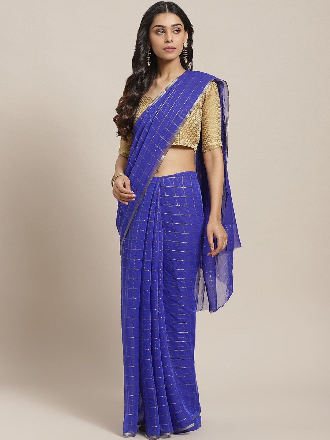 

Saree mall Blue & Gold-Toned Checked Sarees