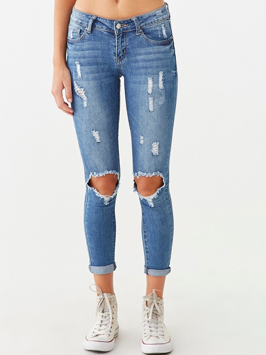 

FOREVER 21 Women Blue Skinny Fit Slash Knee Heavy Fade Jeans