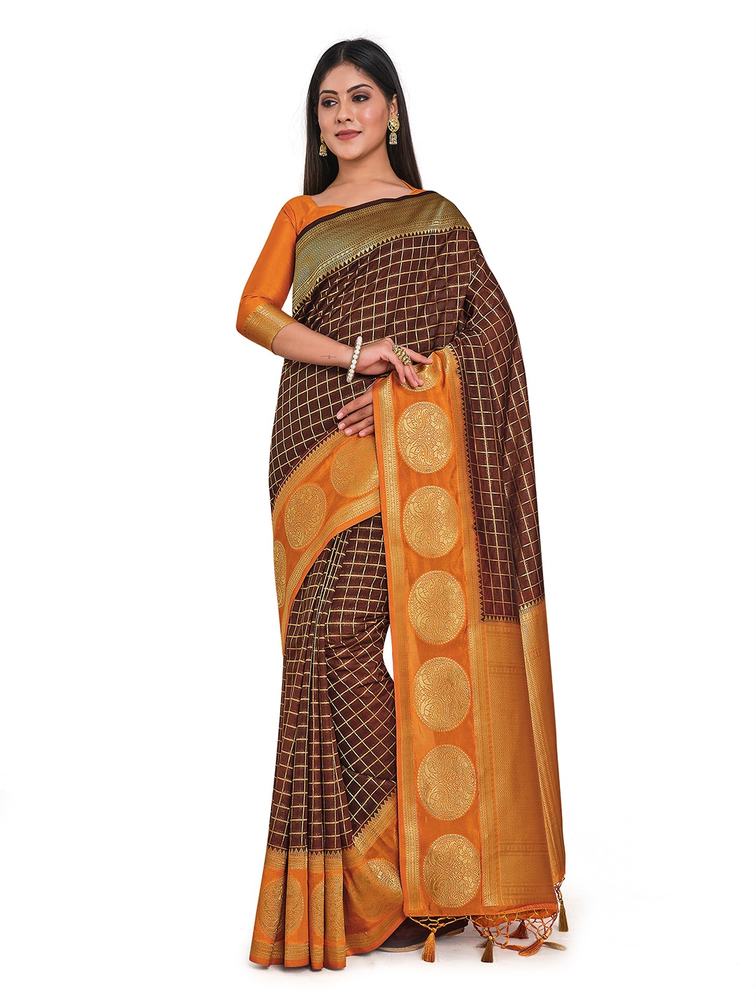 

MIMOSA Brown & Orange Checked Zari Art Silk Kanjeevaram Saree