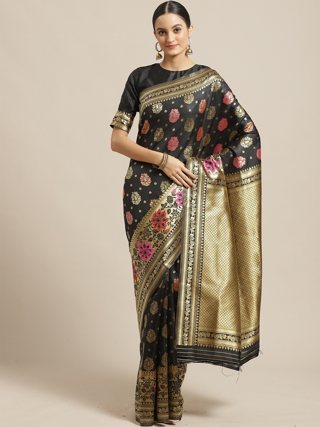 

Saree mall Black & Gold-Toned Ethnic Motifs Silk Blend Banarasi Sarees