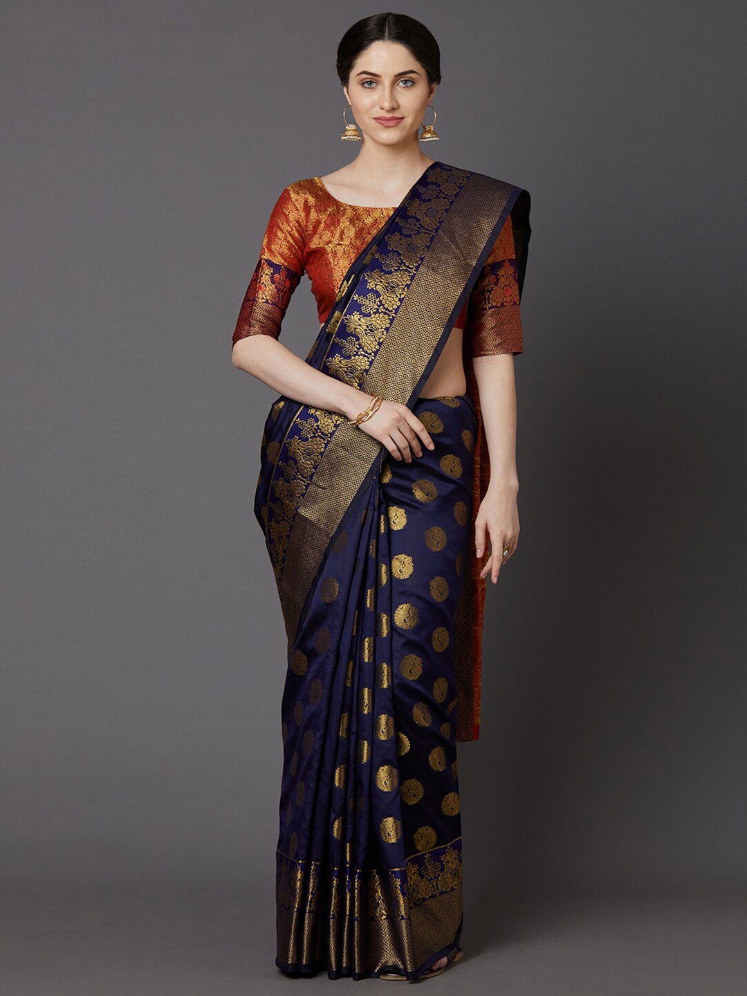 

Saree mall Navy Blue & Rust Woven Design Zari Silk Blend Banarasi Sarees
