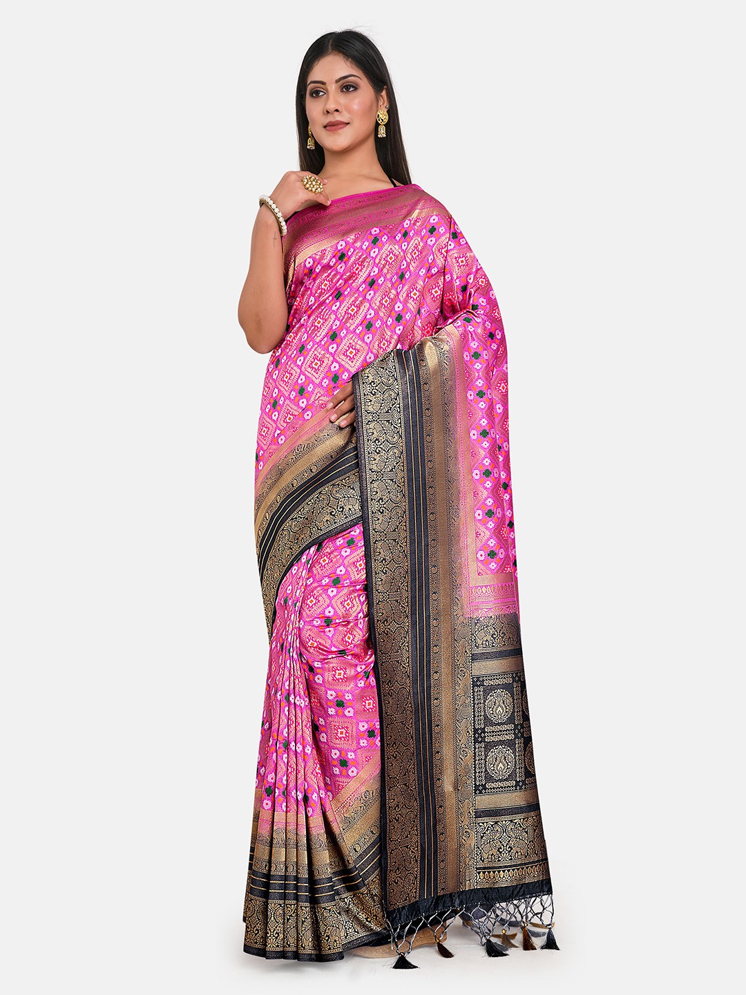 

MIMOSA Pink & Black Woven Design Art Silk Patola Saree