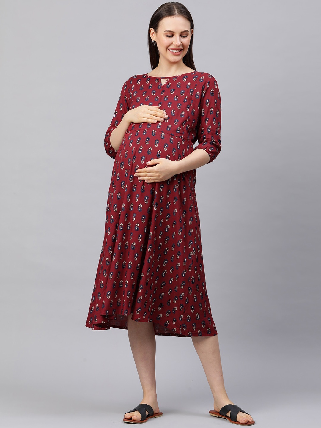 

MomToBe Women Maroon Keyhole Neck A-Line Midi Maternity Nursing Dress