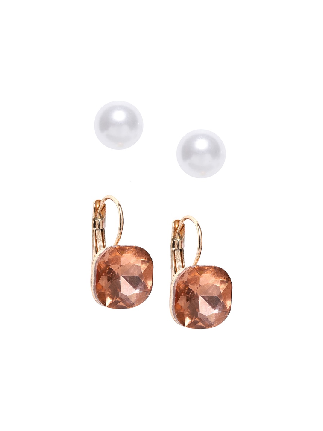 

OOMPH Set of 2 White Pearl Gold Zirconia In Gold-Toned Fashion Studs Earrings