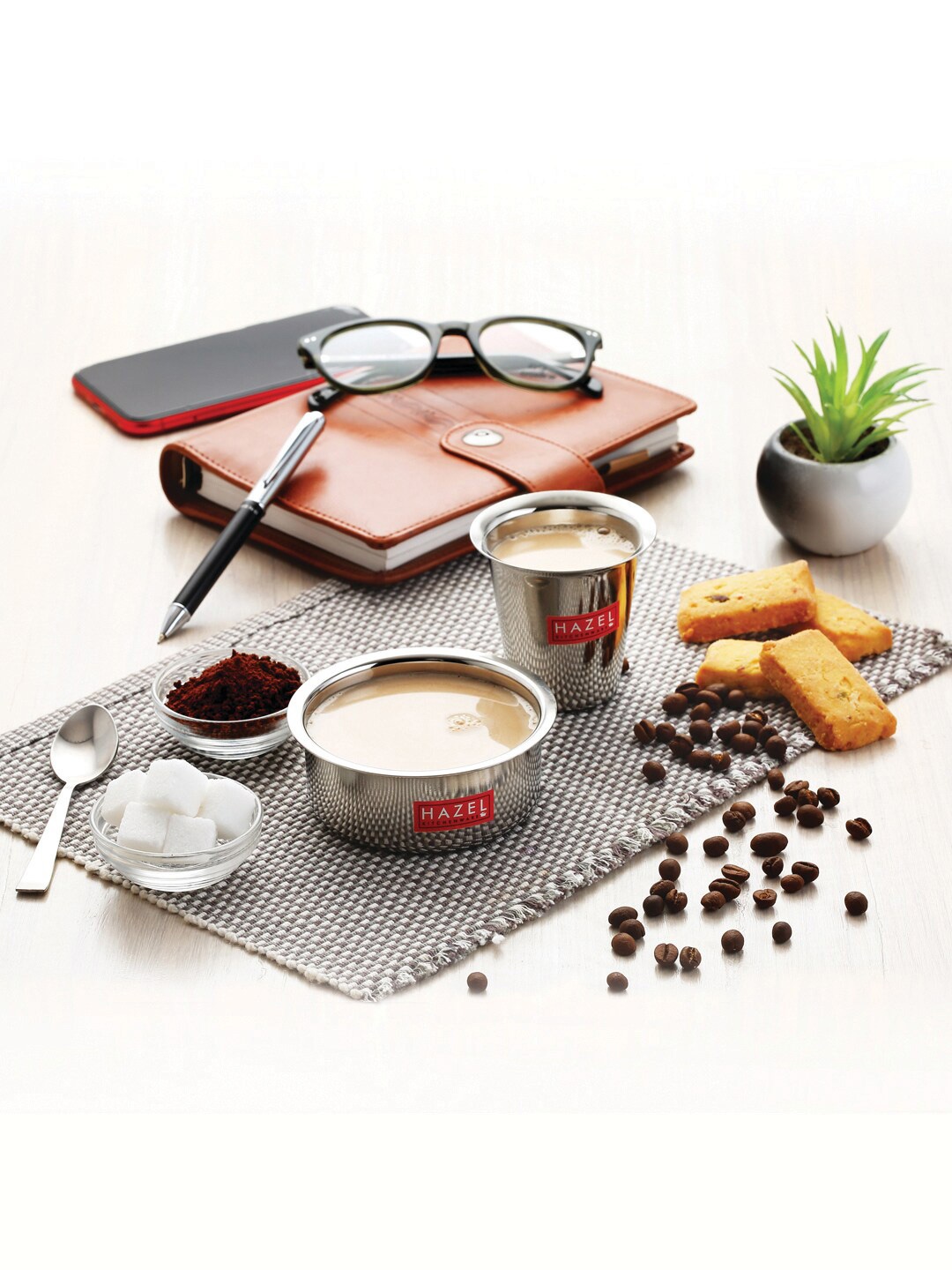 HAZEL Silver Solid Stainless Steel Glossy Cups Set of Cups and Mugs