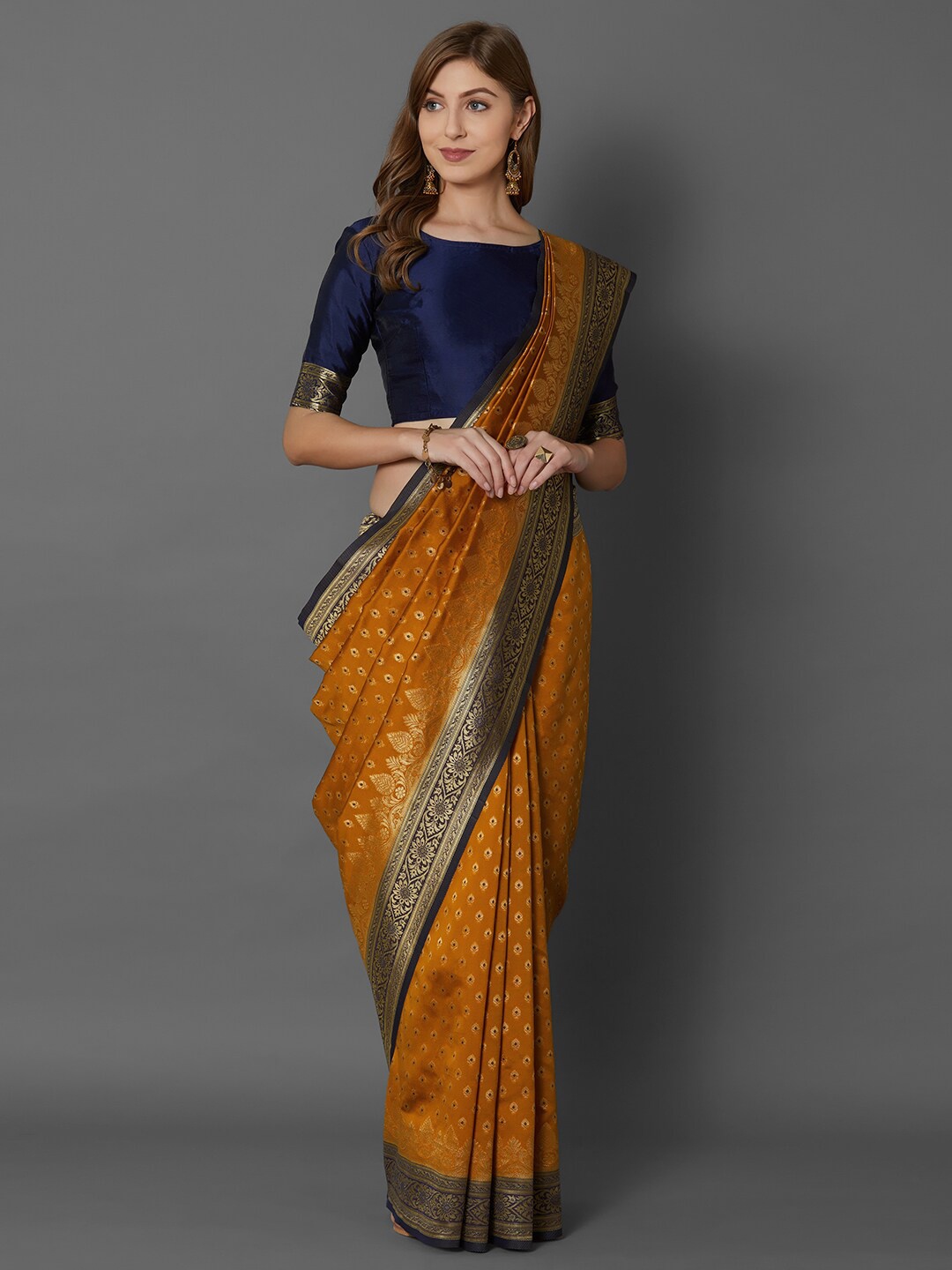 

Saree mall Mustard Yellow Ethnic Motifs Zari Woven Design Silk Blend Banarasi Saree