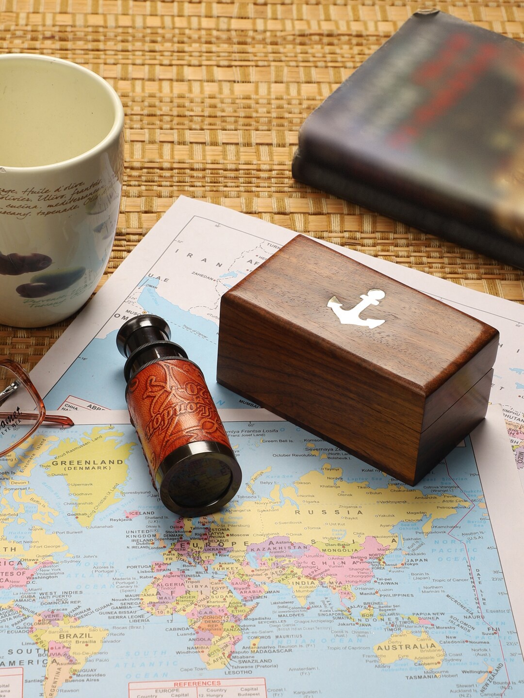 

EXIM DECOR Rust Rust & Black Leather Wrapped Telescope Showpiece with Wooden Box