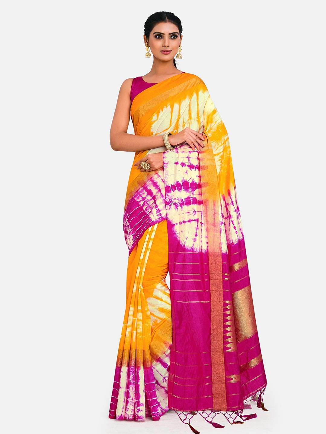 

MIMOSA Yellow & Pink Tie and Dye Zari Art Silk Half and Half Banarasi Saree