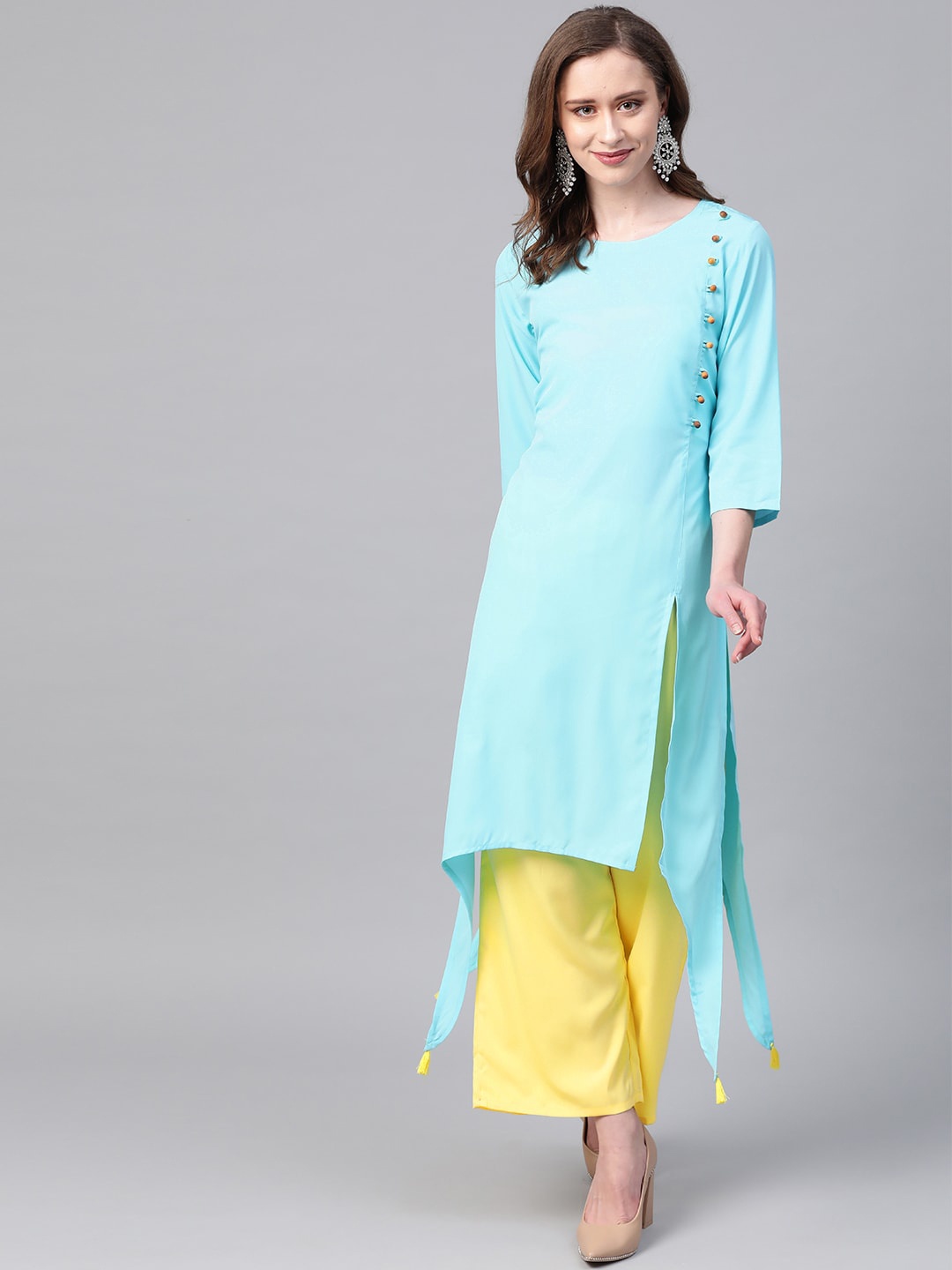 

ZIYAA Women Blue Embroidered Panelled Kurti with Palazzos