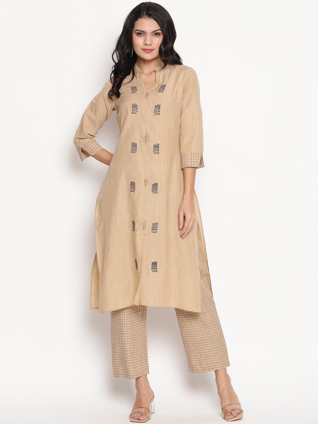 

Be Indi Women Beige Embroidered Layered Pure Cotton Kurti with Trousers